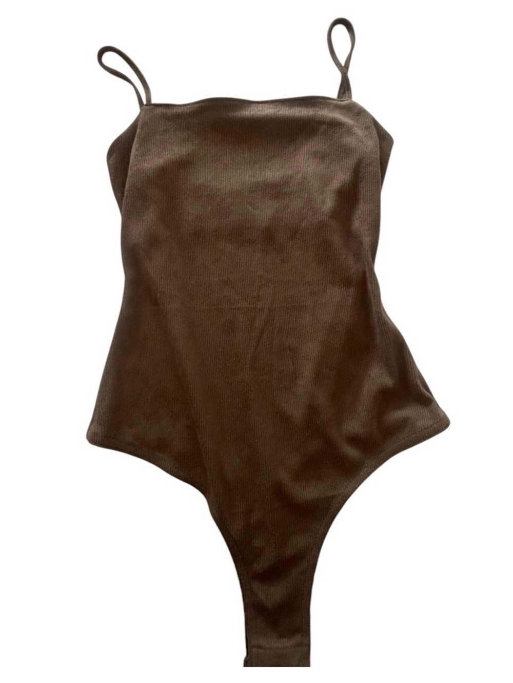 Kittenish Olive Ribbed Suede Spaghetti-Strap Bodysuit
